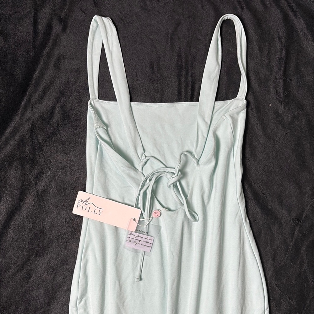 Oh Polly Mint-Green Bodycon Maxi Dress • Lace-Up Bust, Square Neck Sz US 10 - Picture 10 of 11